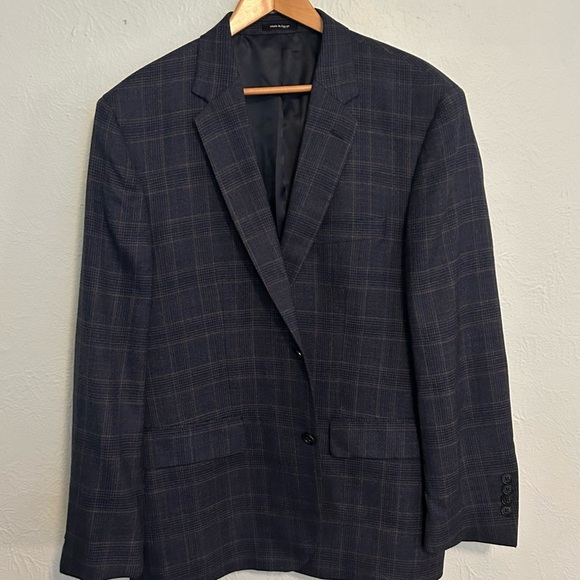 Joseph & Feiss Gold Wool 2 Button Blazer Navy Blue Plaid Pattern XL 44 R - Picture 1 of 14